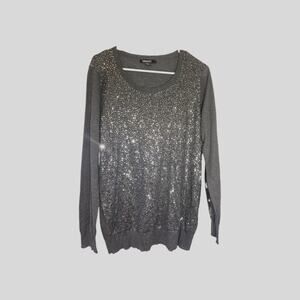 DKNY US Womens Size Large Sequins Sweater Top Pullover Gray Stretchy Soft